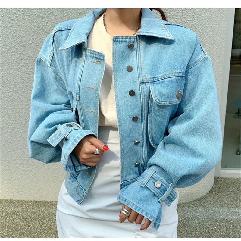 Autumn Denim Jacket Women Chic Casual Boyfriend Style Office Lady Loose Fit Coat
