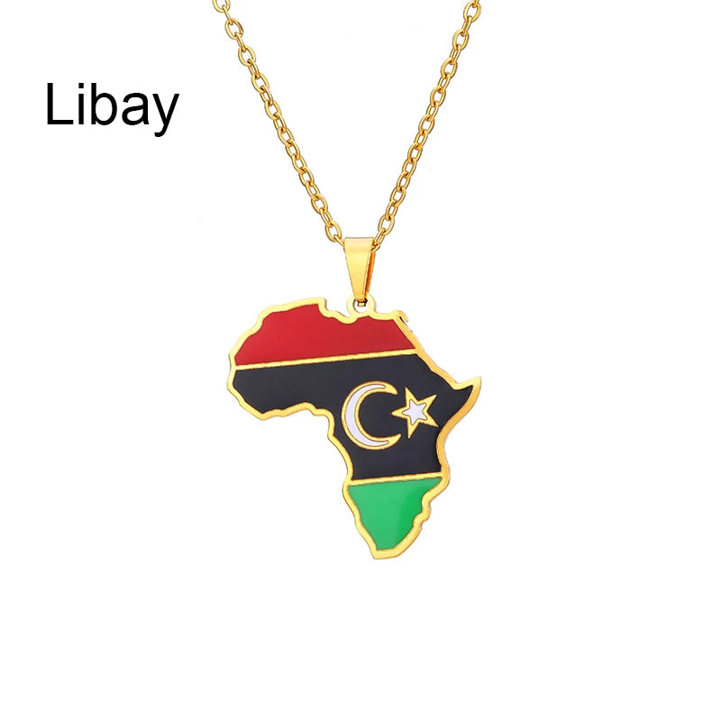 African Map Flag Pendant Necklace Stainless Steel Men Women Rwanda Sudan Uganda Zimbabwe Zambia Ethnic Maps Jewelry Gift