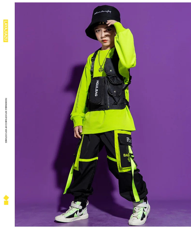 Boys Hip Hop Cool Vest Girls Cargo Pant Outfit Child Sweatshirt Chest Bag Joggers Street Dance Kids Streetwear Costume Sportwear