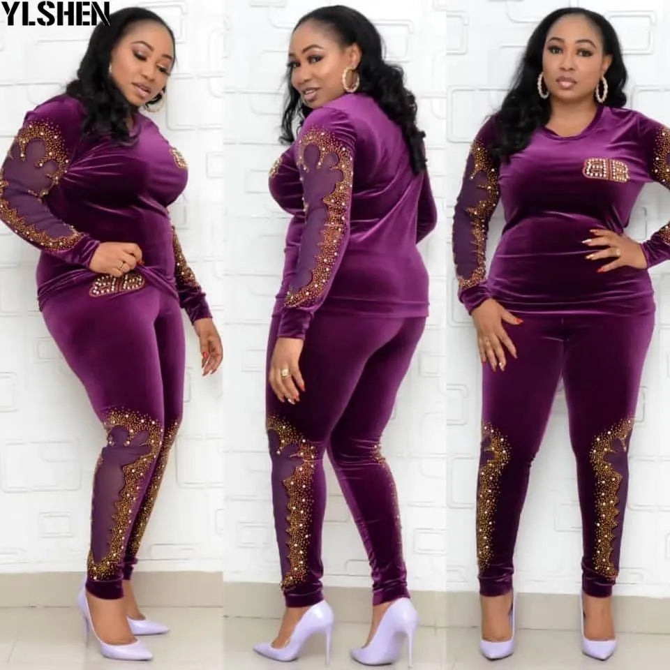 African Sets For Women 2024 Long Sleeve Beading Diamonds African Elastic Bazin Baggy Pants Rock Style Dashiki Famous Suit Lady