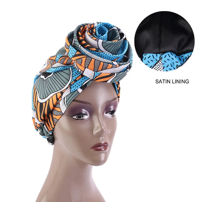 African Print Stretch Bandana Head Wrap Long Scarf Satin Floral Ankara Dashiki Women Party Turban Headwear Cap Hair Accessories