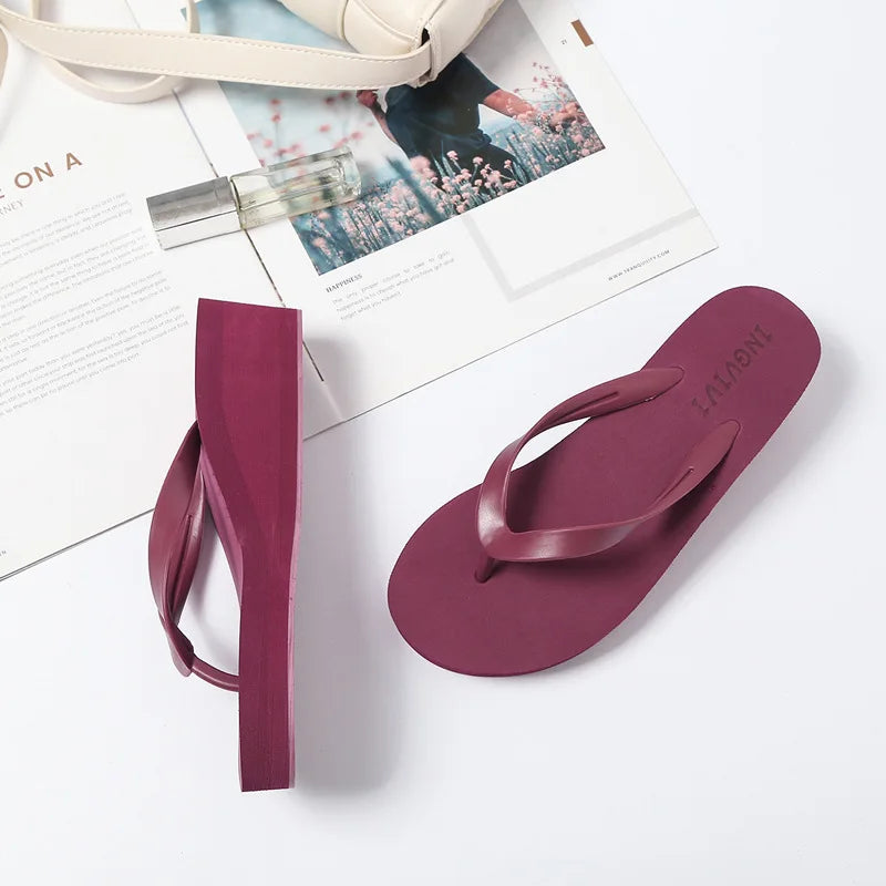 EOFK Women Flip Flops Wedges Casual Shinny Beach 3.5 Cm Height PVC Solid Summer Outside Slippers Soft Shoes