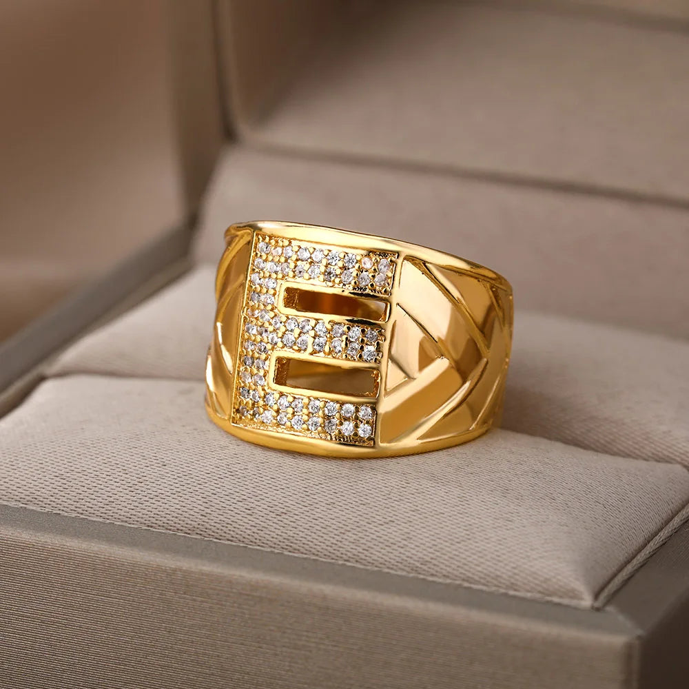 Chunky Wide Zircon Initial Letter Rings For Women Stainless Steel Opening Finger Ring Hip Hop Minimalist Jewelry Gift Femme