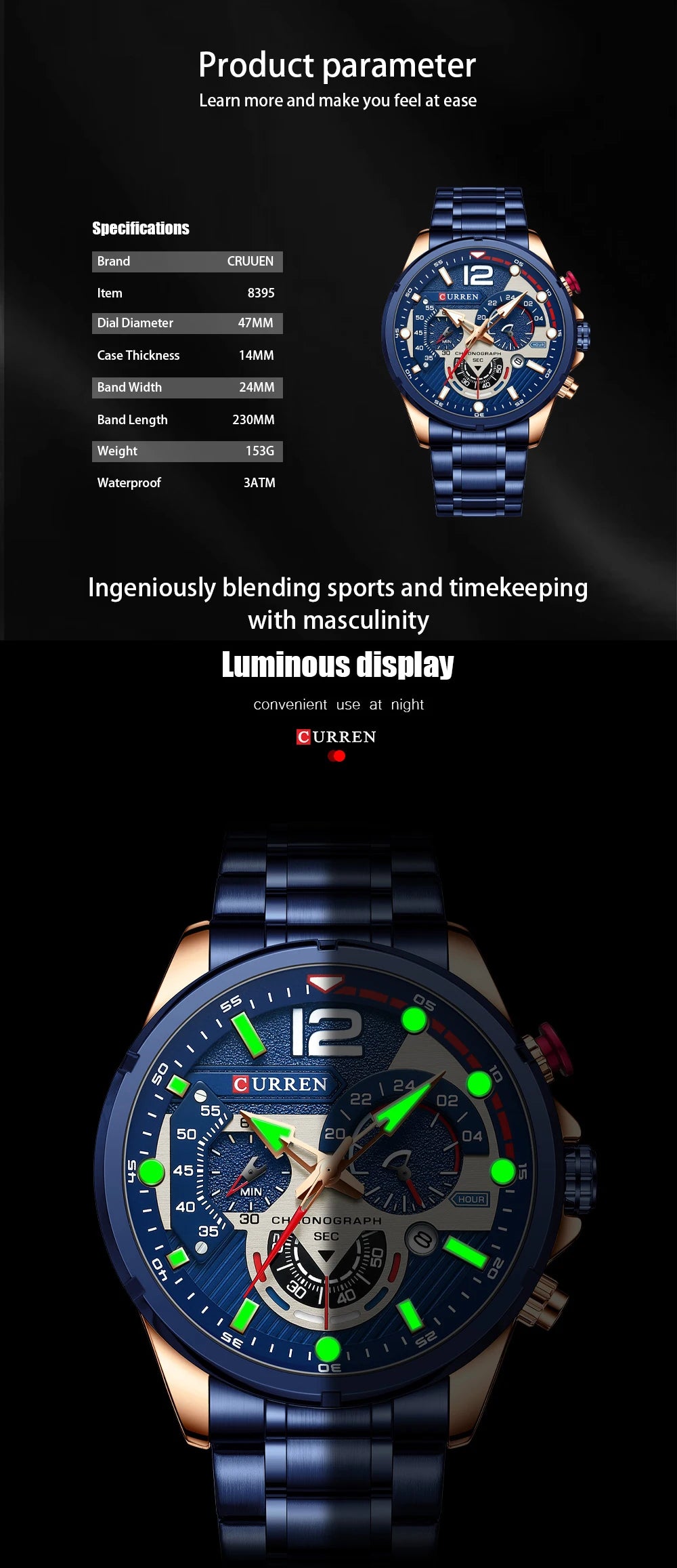 CURREN Luxury Brand Sport Wristwatches for Man Luminous Quartz Watches Casual Chronograph Stainless Steel Male Clock