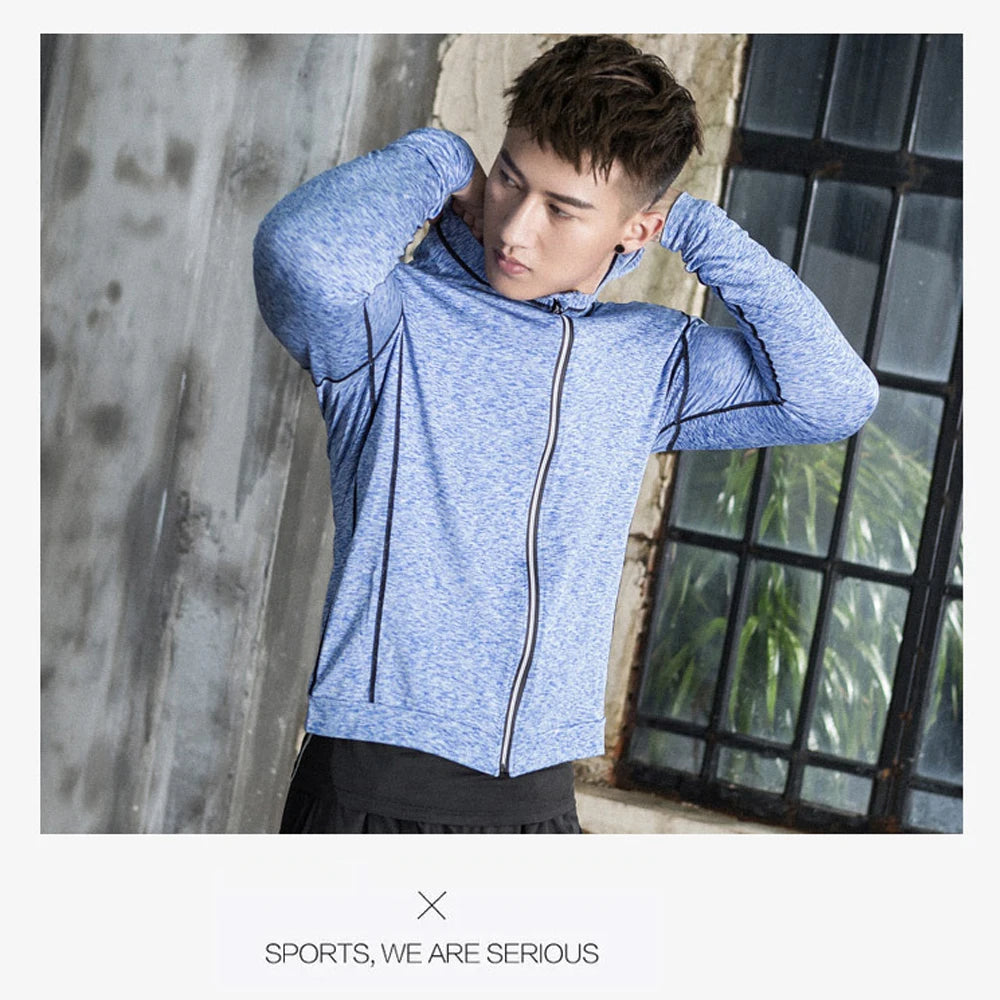 New Mens Running Jackets Fitness Sports Coat Hooded Tight Hoodie Gym Soccer Training Run Jogging Jackets Reflective Zipper Shirt