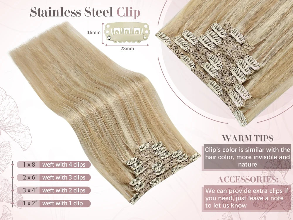 Ugeat Clip In Human Hair Extensions Blonde Color Seamless Invisible Full Head Balayage Soft Remy Hair Extensions For Salon