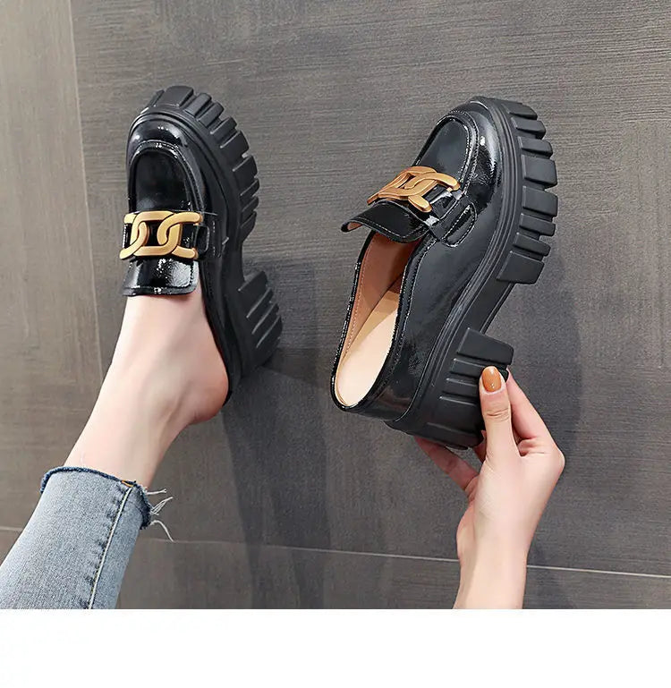 Leather Closed Toe Half Slippers Women Summer 2023 New Fashion Thick Bottom Internet Celebrity Lazy Sandals Shoes Women