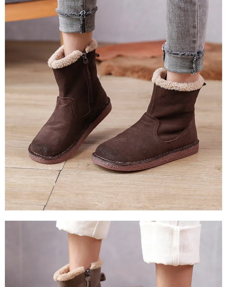 Careaymade-Genuine cow leather Snow cotton round head flats woolen short boots plush warm snow boots Oversized shoes size 35-43