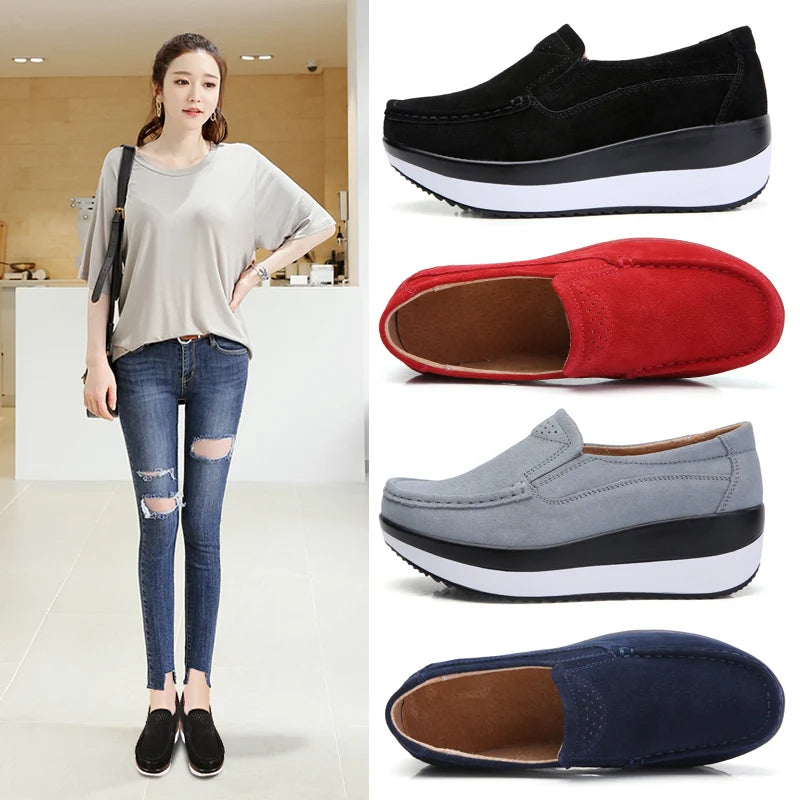 Women's Spring Autumn Genuine Leather Loafers - Fall Slip-On Round Toe Navy Platform Casual Flat Shoes