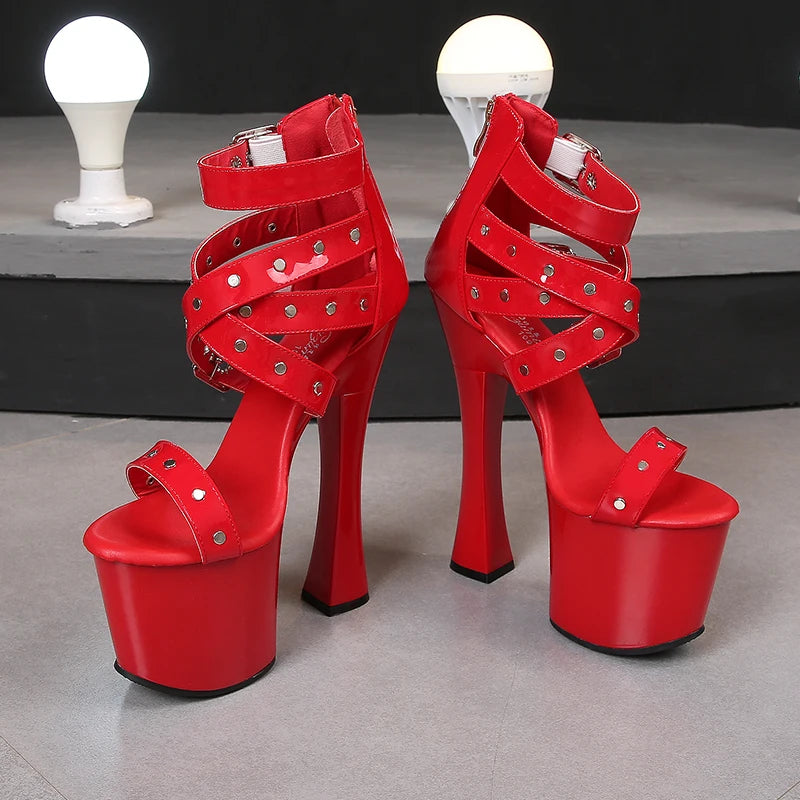 Summer Night Club Women Rivets Sandals 2021 New Thick High Heel Platform Lady Open Toe High Heels Fashion Belt Buckle Zip Shoes