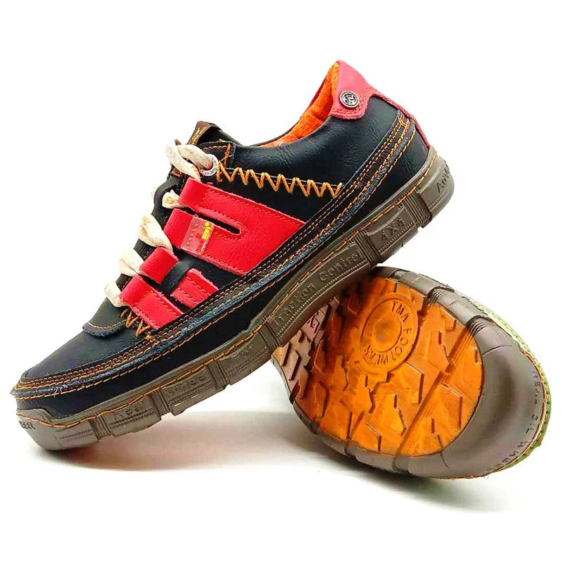 French Men's Cowhide Upper Running Shoes Pu Sole Hand-Stitched Sneakers