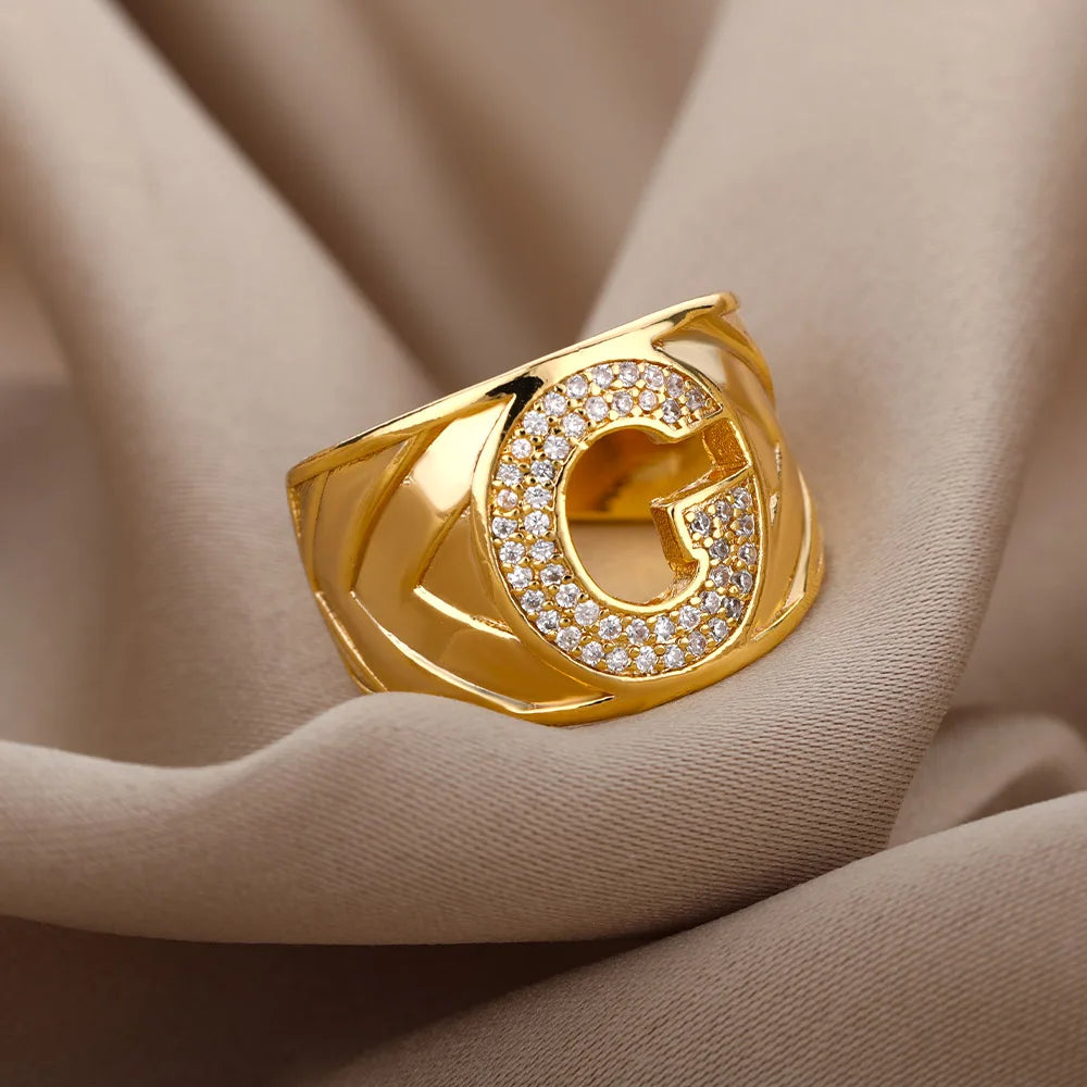 Chunky Wide Zircon Initial Letter Rings For Women Stainless Steel Opening Finger Ring Hip Hop Minimalist Jewelry Gift Femme