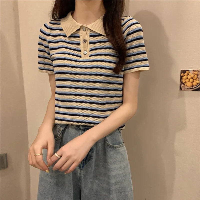 Woman TShirts Top Summer Women's 2021 Striped Knitted Short-Sleeved  Crop Top Mujer Camisetas