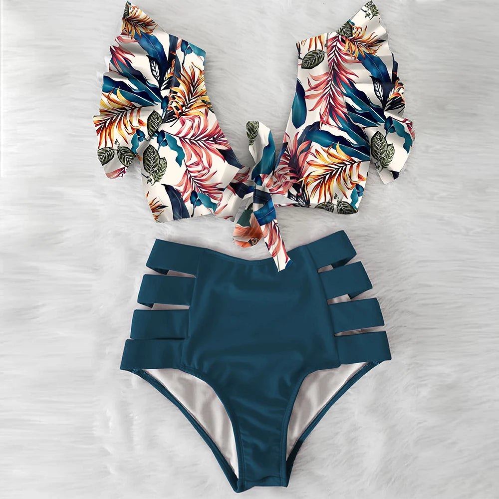 High Waist Ruffled Sexy Bikini Set 2025 Flounce Biquini Swimwear Women Two Pieces Swimsuit Floral Beachwear V-Neck Bathing Suit