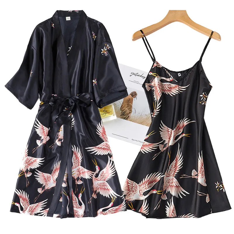 Burgundy Women 2PCS Faux Silk Kimono Robe Gown Sets Sexy Print Crane Nightdress &Bathrobe Lingerie Nightgown Summer Sleepwear