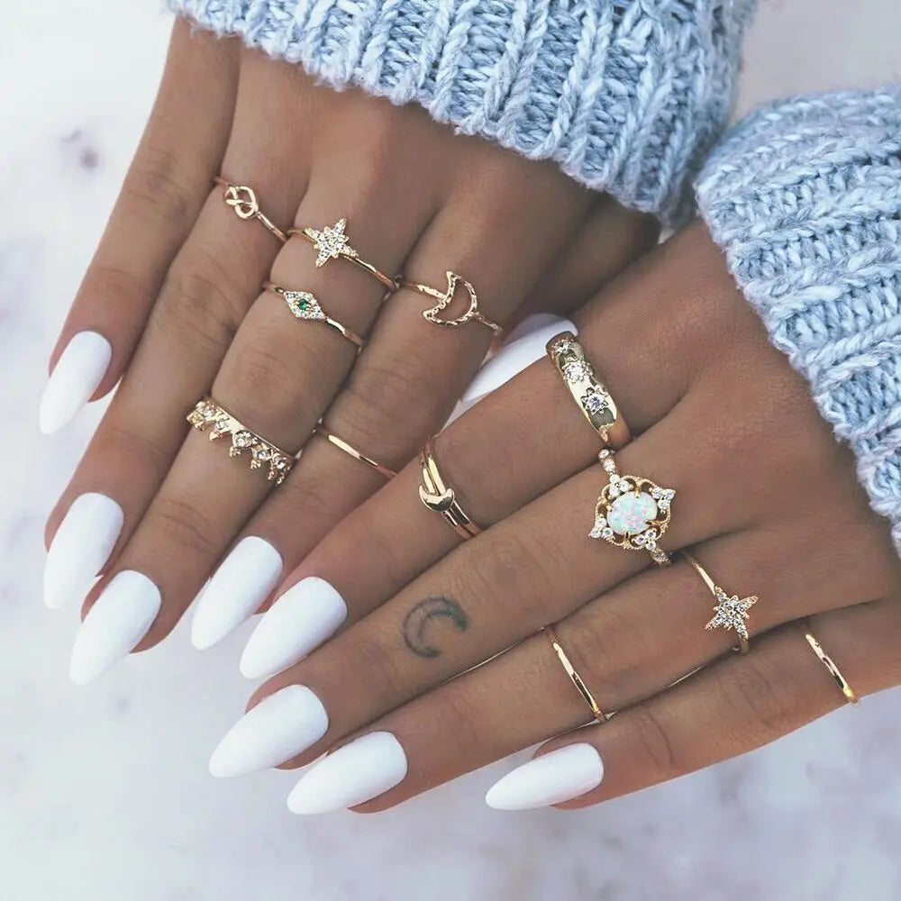12pcs/Set Fashion Elephant Knuckle Rings Set For Women Crystal Stone Feather finger Ring Female Boho Party Jewelry Gift