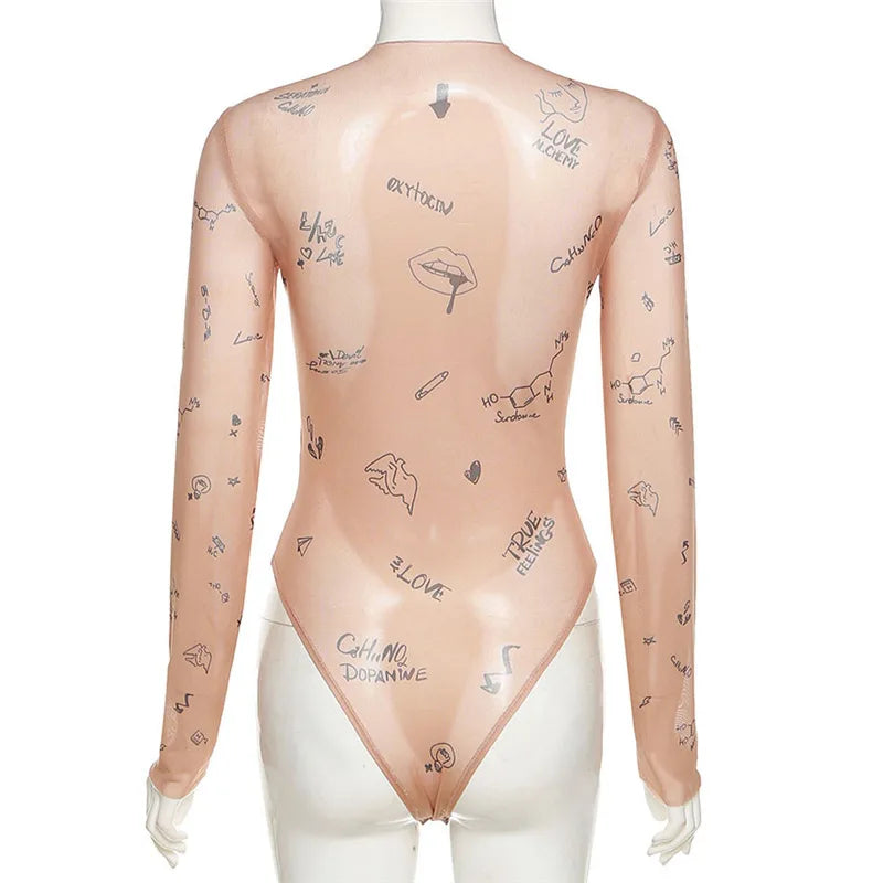 Women Slim Fit O Neck Mesh Bodysuit Long Sleeve Polyester Elastane Party Wear