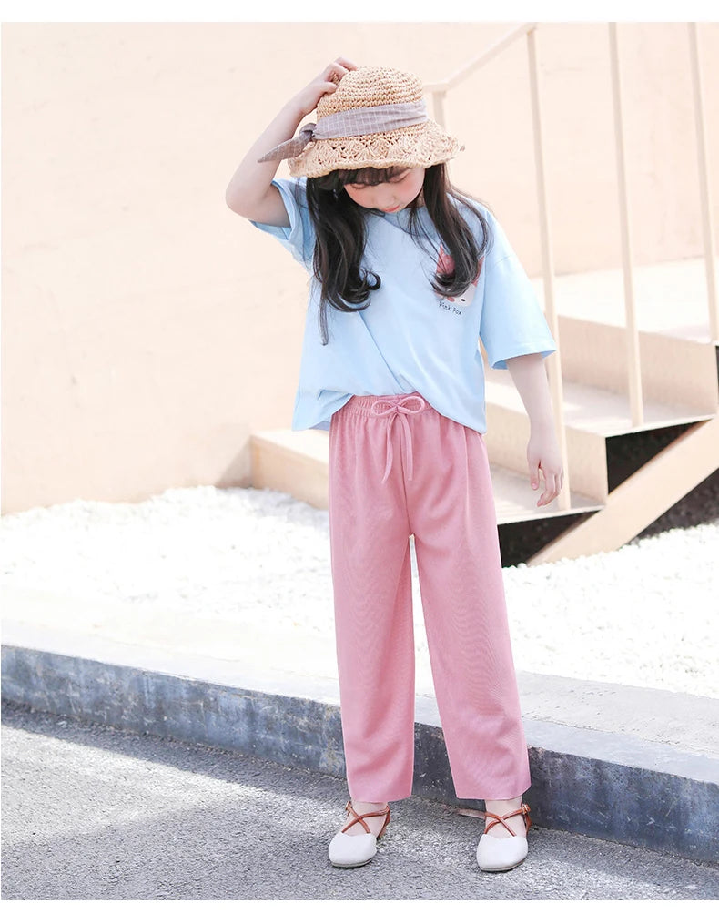 Kids Clothes for Teen Girls Pink Pants 2 To 12 Year Fashion 2022 Summer Green Casual Wide Leg Pants Children Loose Cool Trousers