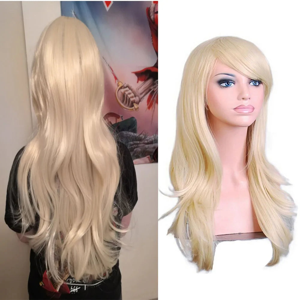 QQXCAIW Long Wavy Cosplay Wig Red Green Purple Pink Black Blue Sliver Gray Blonde Brown 70 Cm Synthetic Hair Wigs