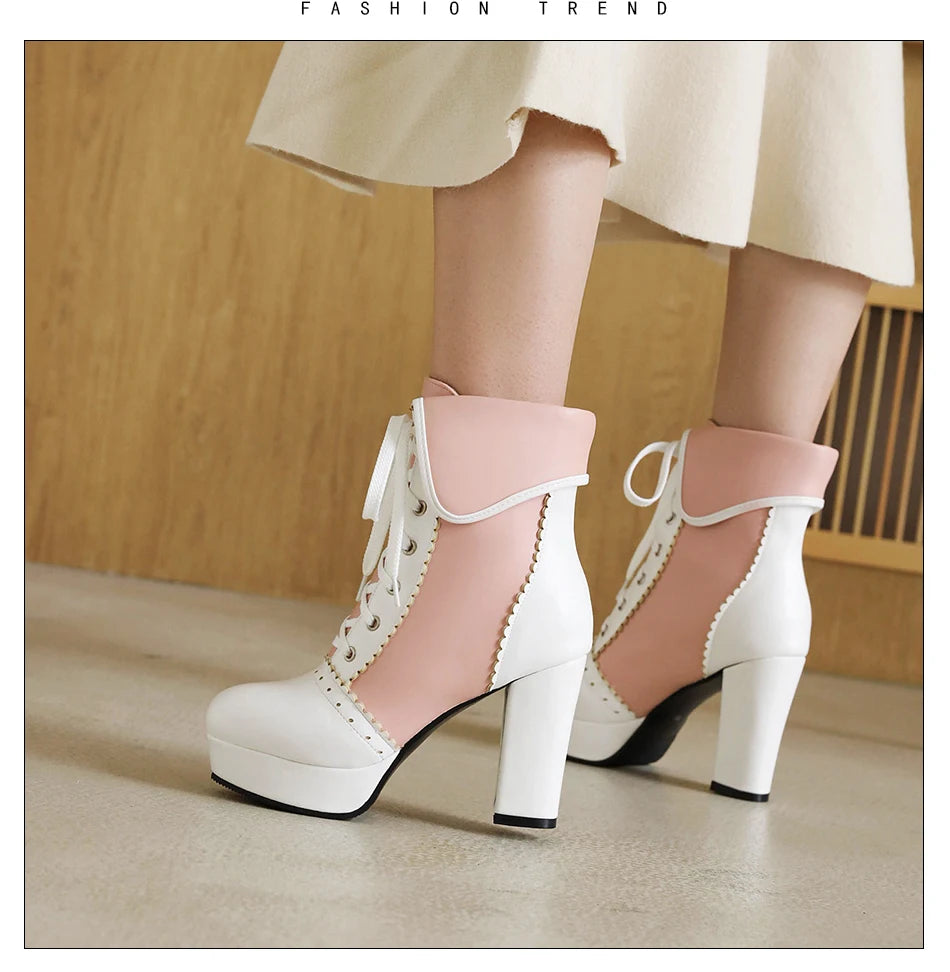 Gdgydh Korean Sweet Cosplay Lolita Shoes Women Ankle Boots High Heels Ruffles Dress Wedding Shoes Bride Mixed Colors Lace Up