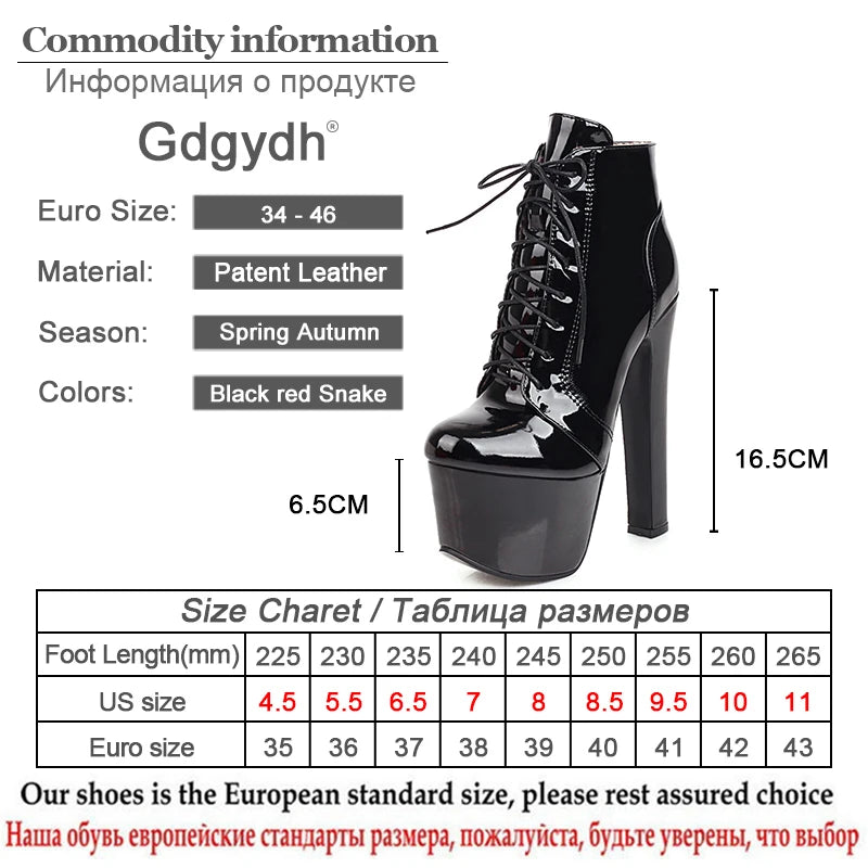 Gdgydh Round Toe Women Ankle Boots Fashion Super High Heel Shoes Nightclub Patent Leather Sexy Female Shoes ThicK Platform Shoes