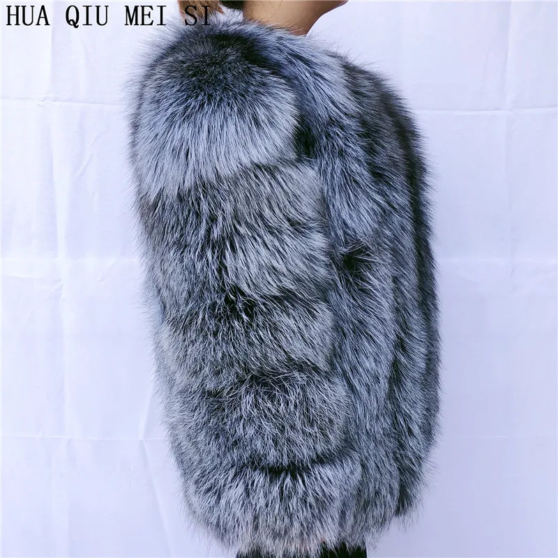 HUAQIUMEISI Real fox fur coat women's autumn and winter vertical bar natural fox jacket new fashion silver fox fur coat