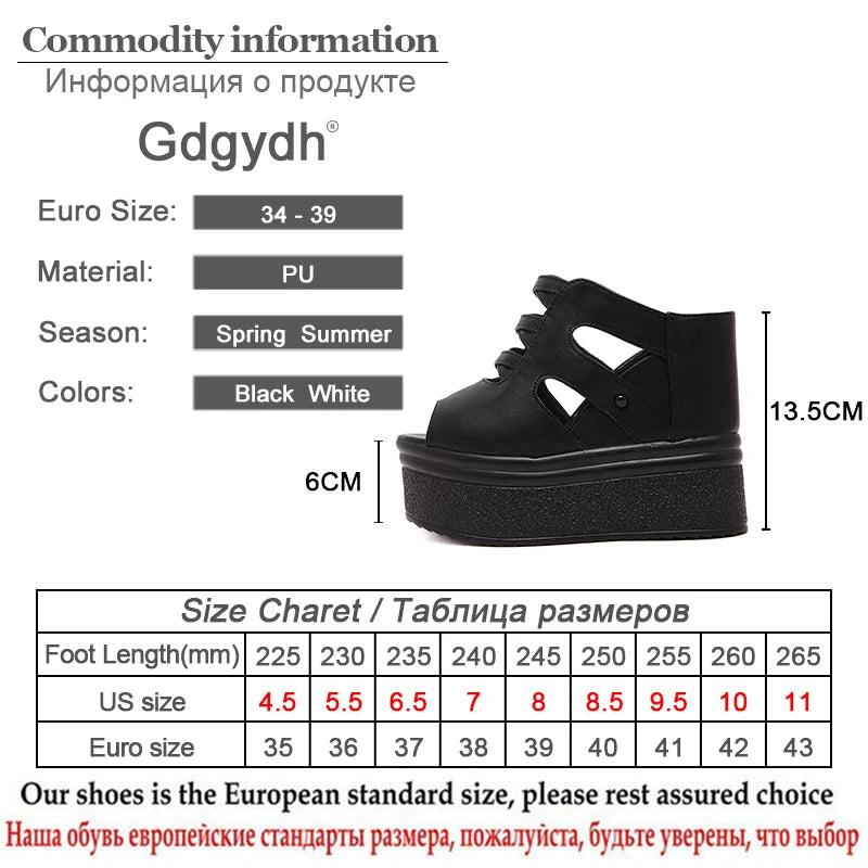 Gdgydh Open Toe Platform Mules Sandals Wedges Shoes For Women American High Heels Hollow Out Black Vegan Leather Backless
