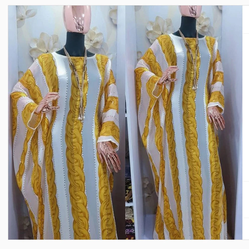 New Arrivals Spring Striped Loose Fashion African Dresses for Women Bazin Riche Sexy Batwing Sleeve Femme Robe
