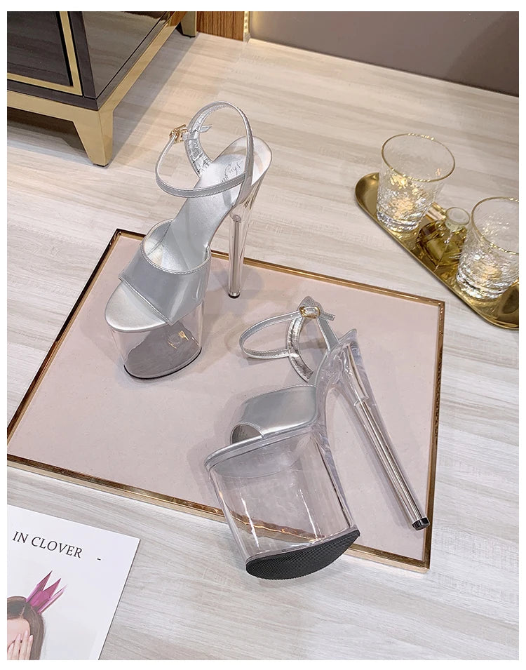 Summer Sandalias Mujer 2024 Sandales Sexy 20cm High Heels Patent Leather Crystal Stripper Platform Heels Women Shoes
