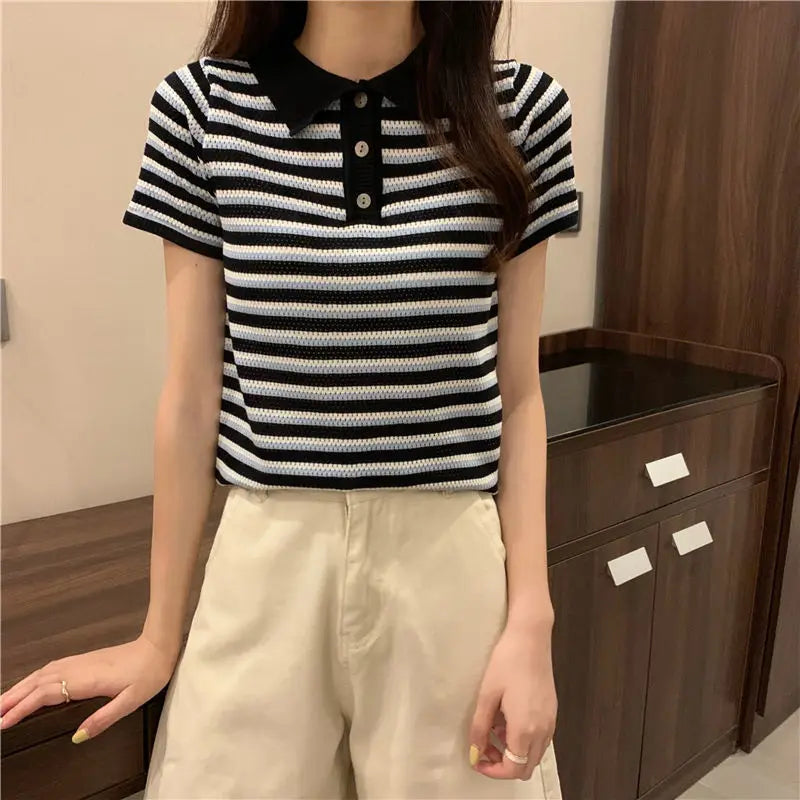 Woman TShirts Top Summer Women's 2021 Striped Knitted Short-Sleeved  Crop Top Mujer Camisetas