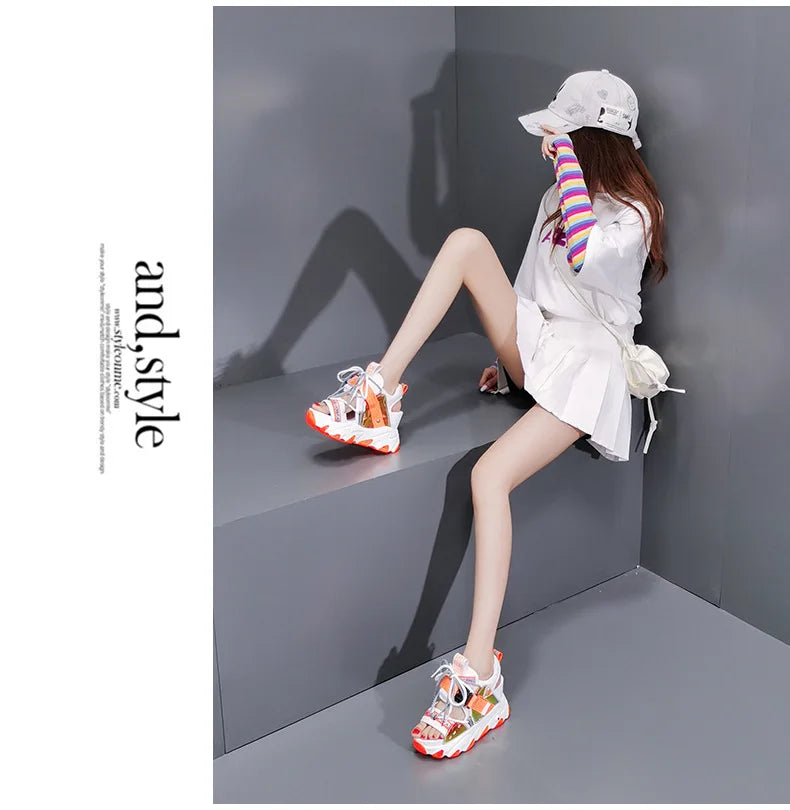 Comemore 2022 Platform Gladiator Sandals Lace Up White Sandals Women High Heels Wedges Casual Sports Shoes Woman Spring Summer