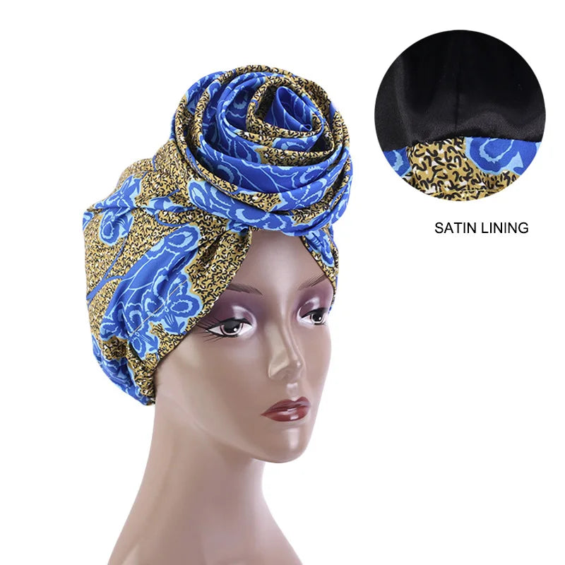 African Print Stretch Bandana Head Wrap Long Scarf Satin Floral Ankara Dashiki Women Party Turban Headwear Cap Hair Accessories