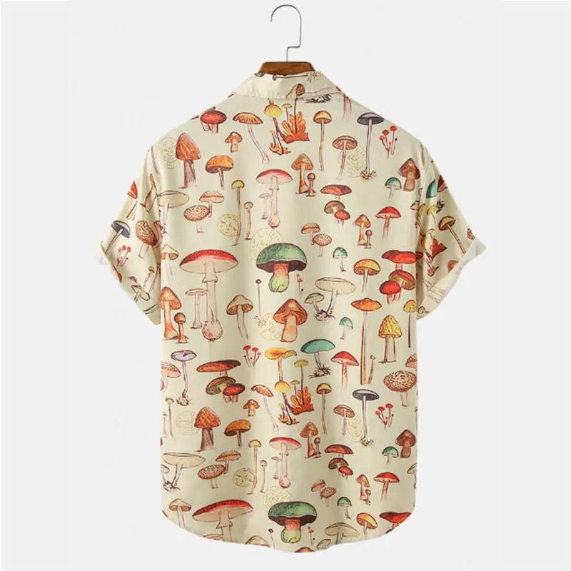 New Summer Men Hawaiian Style Shirt Fashion Casual Streetwear Turn-down Collar Short Sleeve Cartoon Mushroom Beach Printed Shirt