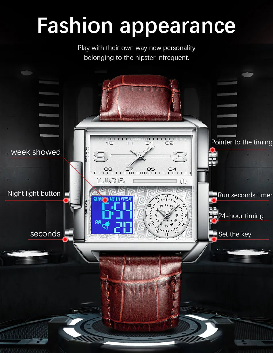 LIGE 2025 Top Brand Luxury Mens Watches Square Digital Sports Quartz Wrist Watch for Men Waterproof Stopwatch Relogio Masculino