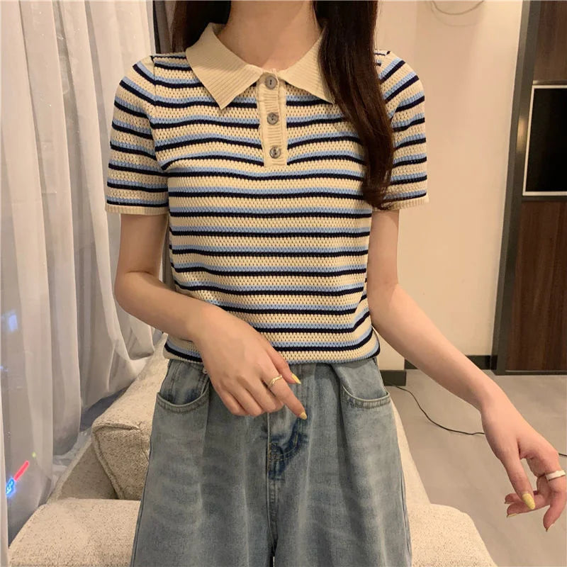 Woman TShirts Top Summer Women's 2021 Striped Knitted Short-Sleeved  Crop Top Mujer Camisetas