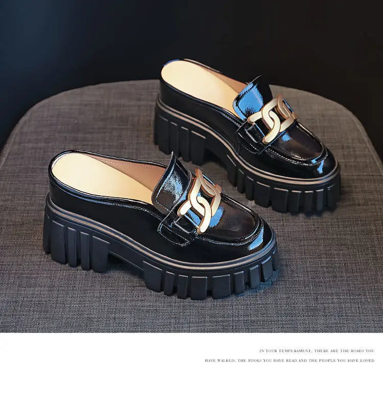 Leather Closed Toe Half Slippers Women Summer 2023 New Fashion Thick Bottom Internet Celebrity Lazy Sandals Shoes Women