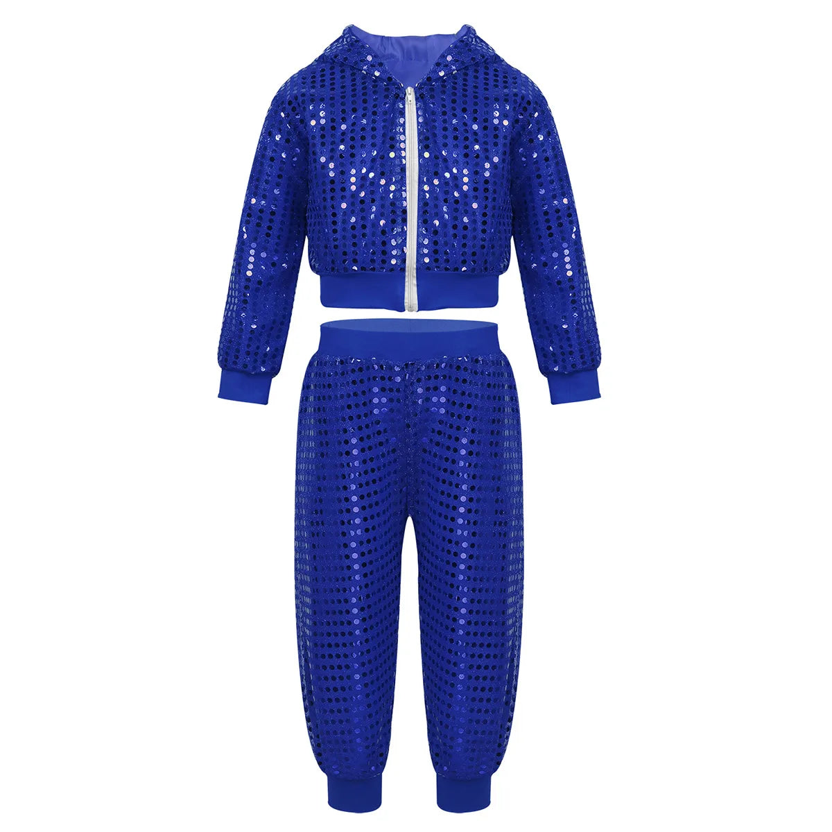 Kids Boys Girls Jazz Hip-hop Street Dance Costume Shiny Sequins Hooded Coat Tops with Pants Disco Party Performance Dancewear