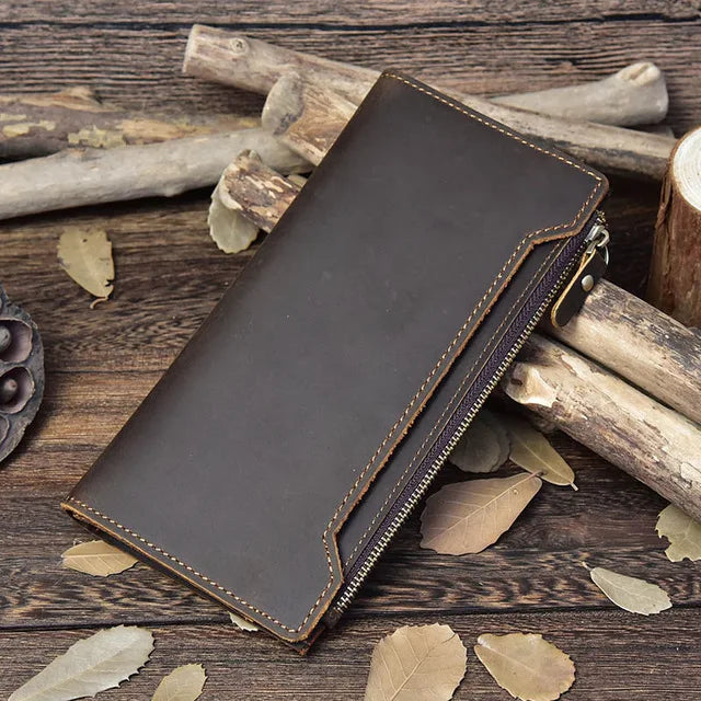 Men's Crazy Horse Leather Long Wallet Brown Real leather Trifold clutch snap purse Hasp purse with Phone pocket and coin pocket