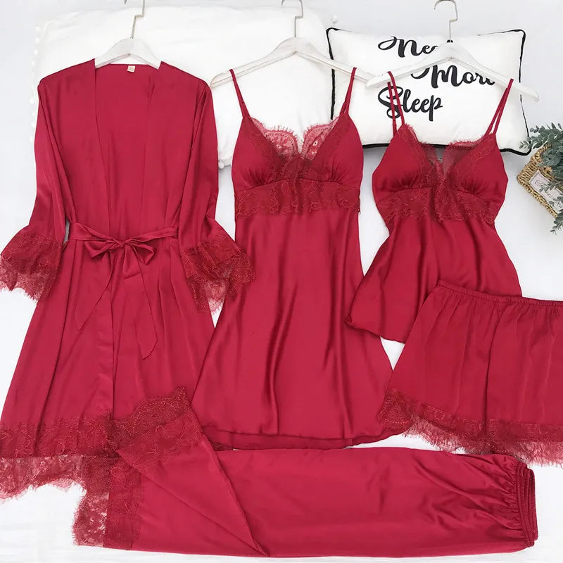 Women Pajamas Five Piece Set Spring Summer Sleepwear Nightgown Sexy Lace Bath Robe Gown Loose Silk Satin Home Wear Loungewear