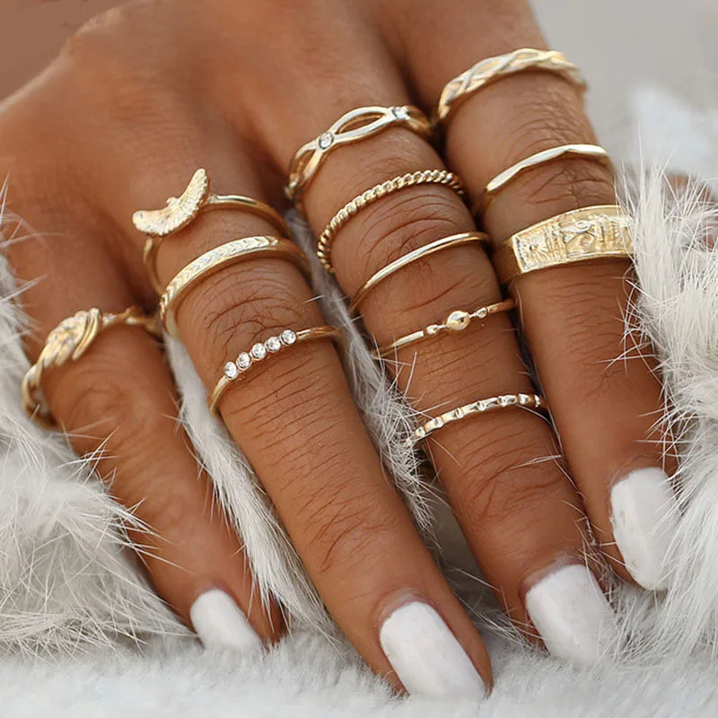12pcs/Set Fashion Elephant Knuckle Rings Set For Women Crystal Stone Feather finger Ring Female Boho Party Jewelry Gift