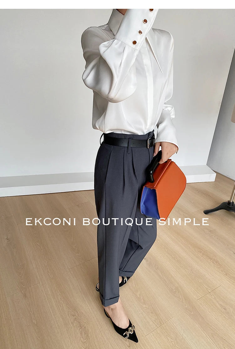 Stylish Elegant Turn Down Collar White Long Sleeve Satin Shirts Fashion Woman Vintage Blouse 2024 Office Lady Tops Blusas 16946