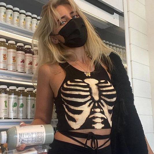 Gothic Skeleton Pint Tank Tops Harajuku Y2k Aesthetic Grunge Ribbed Graphic Crop Top Women Vest Black Knitted Cropped Tanks Top