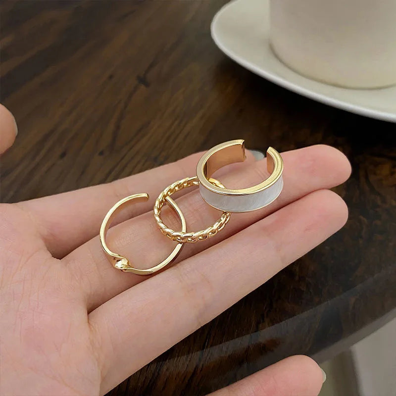 3pcs/set Bohemian White Enamel Round Metal Ring Sets Geometric Twist Open Adjustable Rings Sets for Women Girl Wedding Jewelry