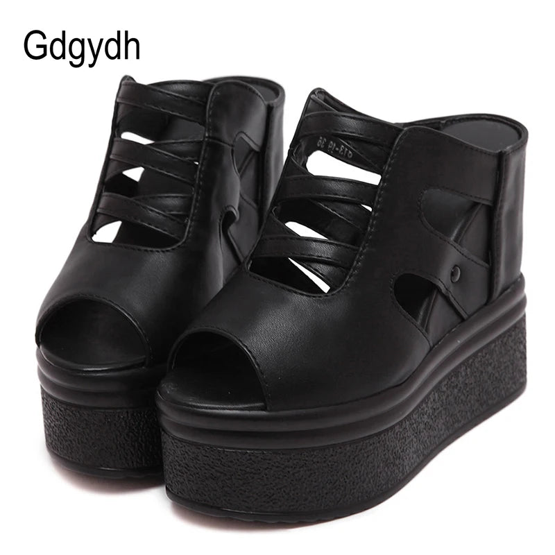 Gdgydh Open Toe Platform Mules Sandals Wedges Shoes For Women American High Heels Hollow Out Black Vegan Leather Backless