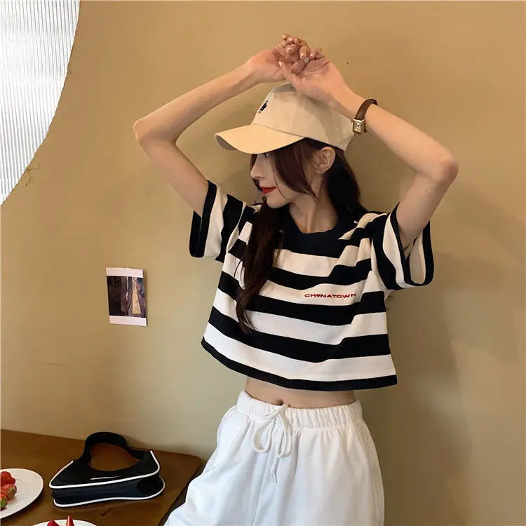 Black White Striped Cropped Top Women Summer New Korean Loose Short-sleeved T-shirt Fashion Egirl Letter Print Oversized Shirt