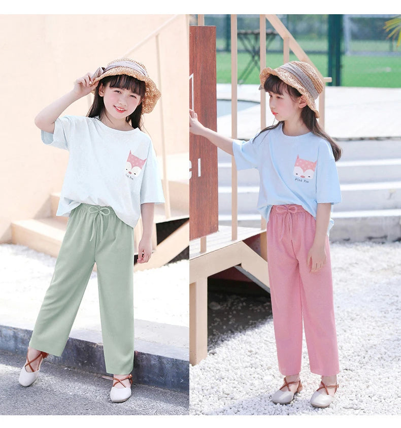 Kids Clothes for Teen Girls Pink Pants 2 To 12 Year Fashion 2022 Summer Green Casual Wide Leg Pants Children Loose Cool Trousers