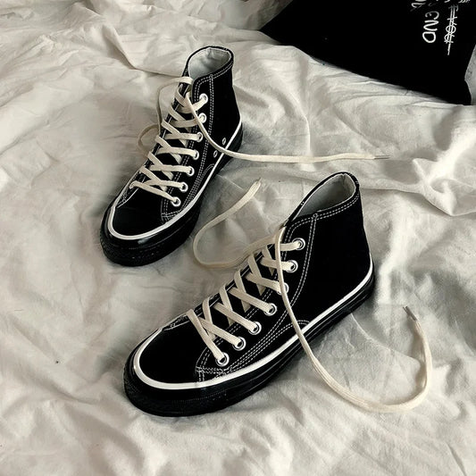 Classic Solid Black Unisex Canvas Shoes  New Spring High-top Outdoor Casual Sneakers Comfortable Breathable Footwear 35-44