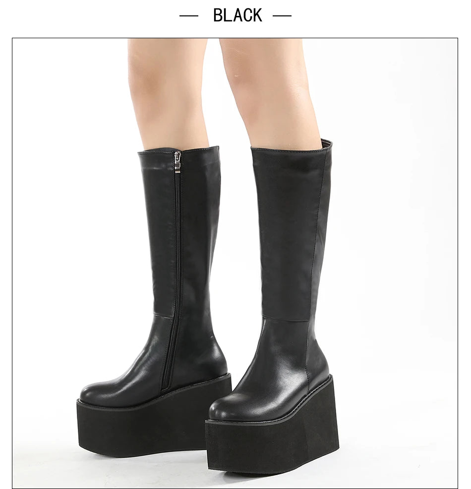 Gdgydh Matte Black Knee High Boots Women Platform Wedges High Heels Thick Bottom Ladies INS Hot Winter Fashion Elegant Drop Ship