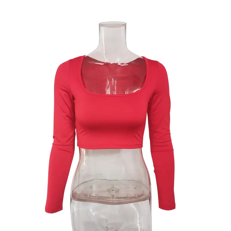 Women Summer Spring Crop Top Square Neck Long Sleeve Black White Tee