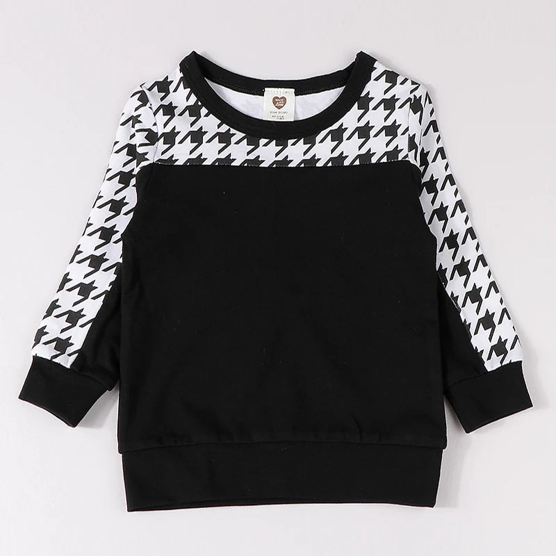 New casual outfit for kids long sleeves autumn winter contrast houndstooth boy girls clothes autumn and winter children t-shirt